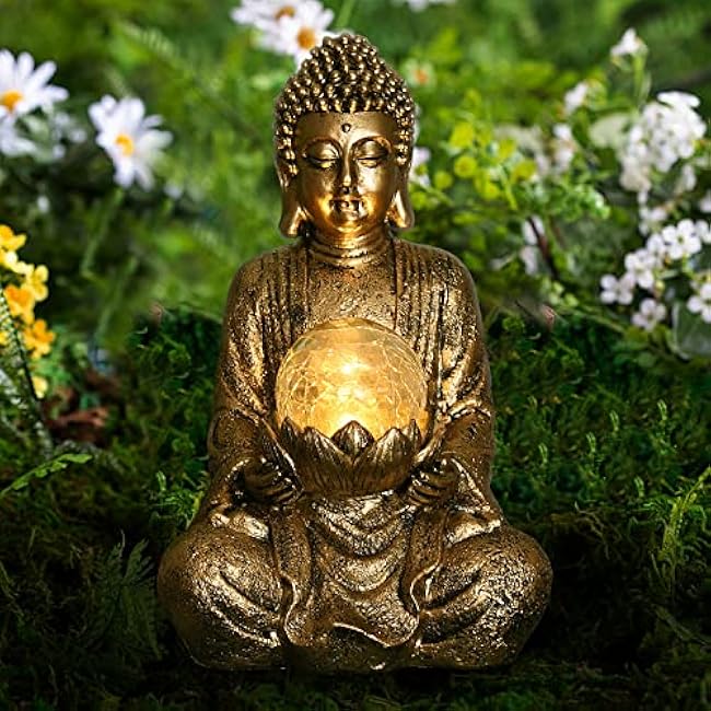Nacome Meditating Buddha Statue with Solar Light,Zen Solar Garden Buddha with Cracked Glass Ball Sculpture-Indoor/Outdoor Decor for Balcony,Garden,Patio,Porch Yard Art Ornament,10.5 inch(Gold)