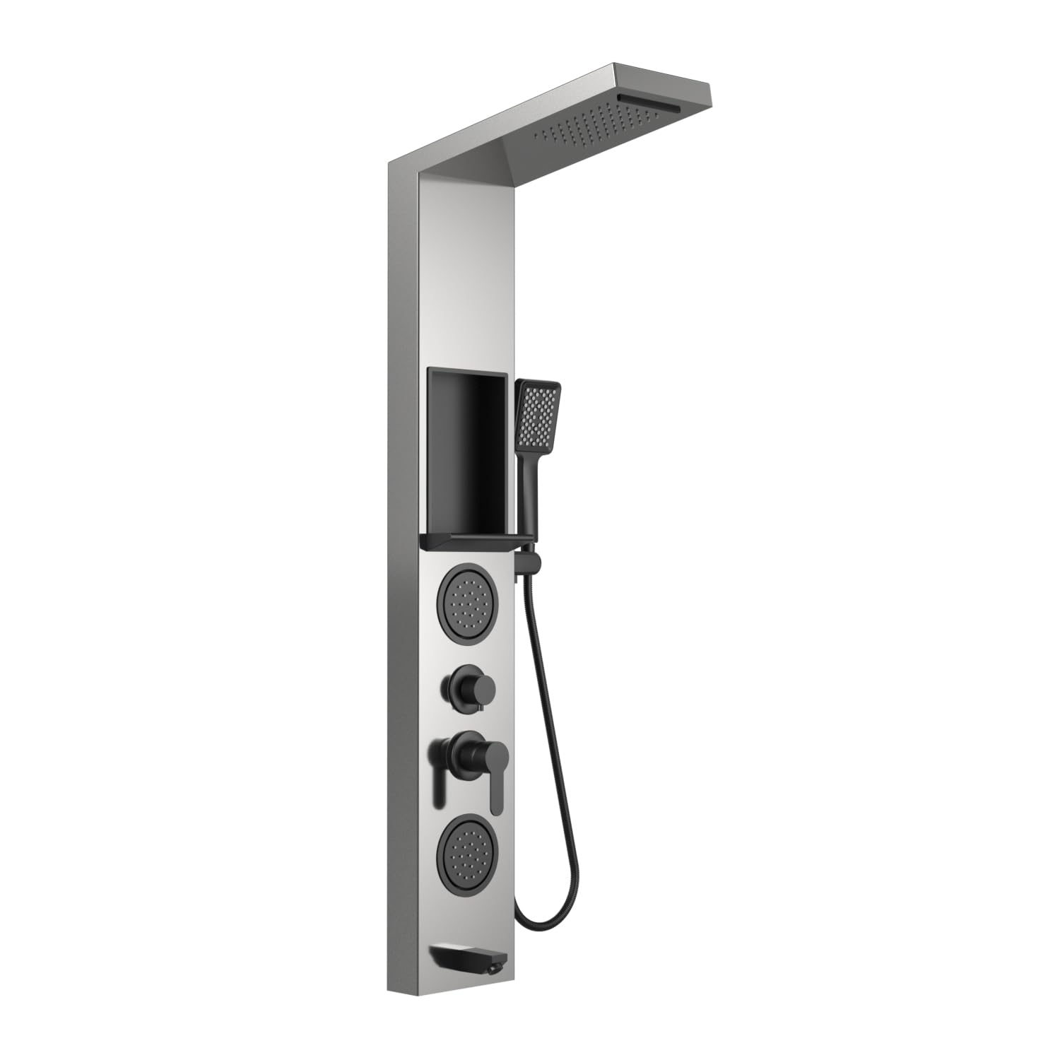 ELLO&ALLO Shower Panel System Tower with Shelf, Rainfall and Waterfall Head Rain Massage Stainless Steel Bathroom Fixtures with Adjustable Body Jets,