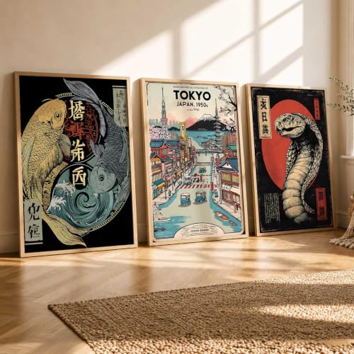 Image of kotart Aesthetic Japanese Nature and City View Wall Framed Posters | Japanese Nature and City View Framed Poster for Living Room Bedroom Gaming Room Studio Wall Decor Set Of 3 (10X13 inch)