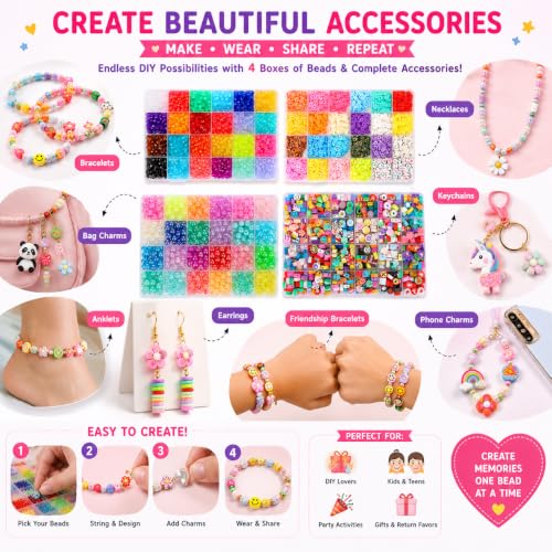 Image of Ambitieux Bracelet Making Kit for Kids & Girls | 4-in-1 Beads Craft Kit with Acrylic, Clay, Letter Beads, Charms & Accessories | DIY Jewellery Making Set for Girls Age 4-12 | Creative birthday Gift Kit (Beginner Craft kit)