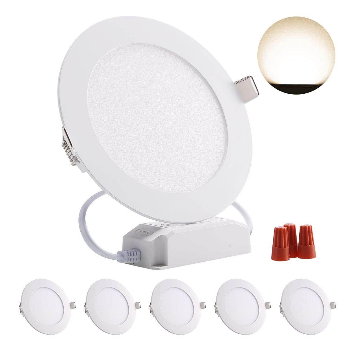 5er LED Einbaustrahler Flach 13mm, 230V 6W 480LM Einbauleuchten Dimmbar Einbauspots CRI 80 Deckeneinbauleuchte IP44 Spotlight für Bad, Wohnzimmer, Küche Neutralweiß 4000K Rund Panel