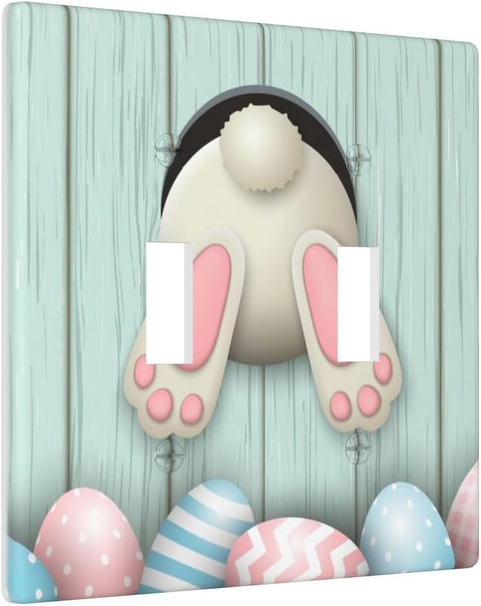 Happy Easter Bunny Double Toggle Switch Cover Cute Rabbit Easter Colorful Eggs 2 Gang Light Switch Wall Plate for Women Girls Boys Room Decor