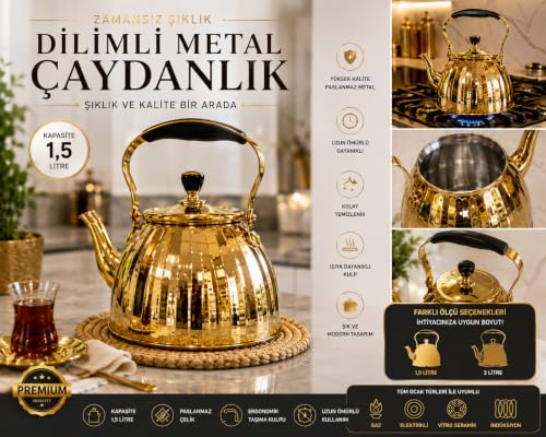 Çaydanlık, Dilimli Metal, Paslanmaz Çelik, Altın Rengi, 1,5 L