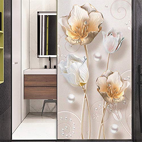 Xijier No Glue Decorative Privacy Frosted Window Film Golden Rose Pattern Glass Door Window Covering Window Decals Window Sticker for Home Office 65x200cm(25.6