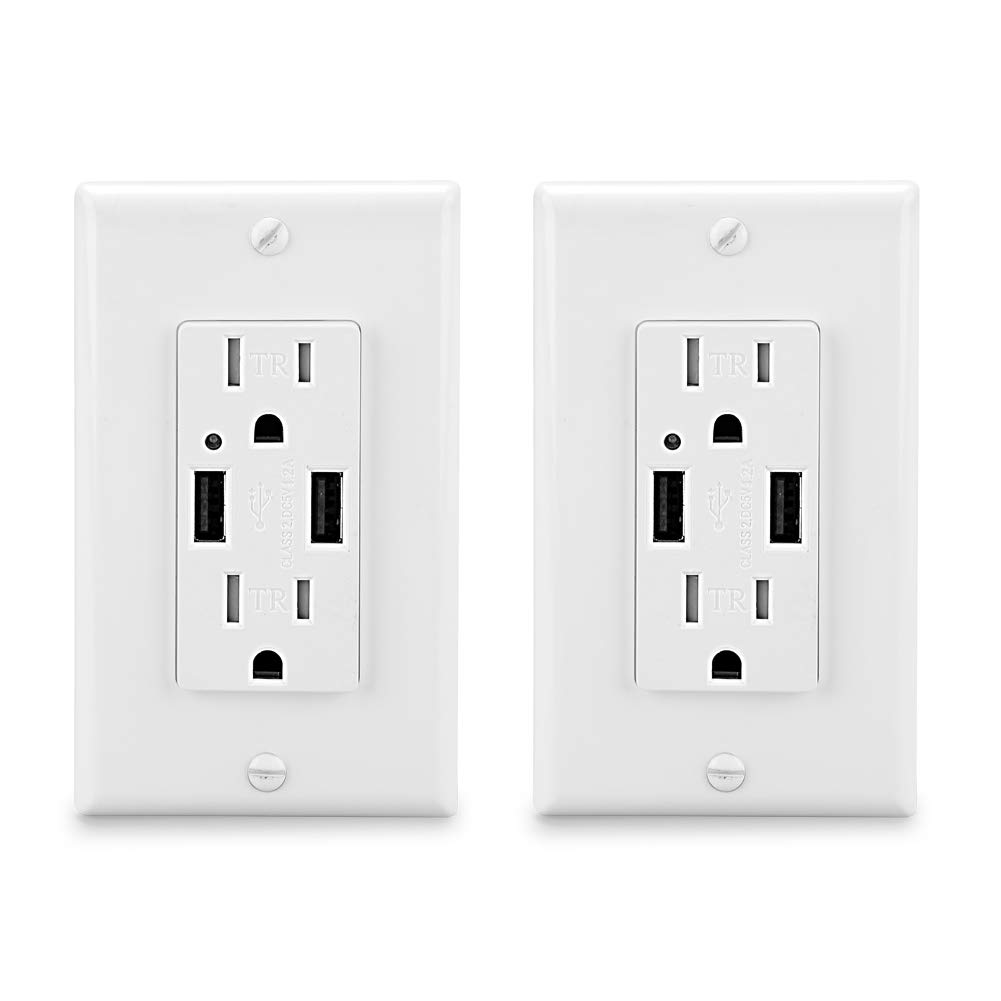 USB Wall Outlet with 4 Wall Plates-LEOD 4.2A 5V Dual USB Ports Smart High Speed USB Charger Socket, Wall Charger USB Receptacle, 15A Tamper-Resistant Recepatcle, White, UL Listed (2 Pack)