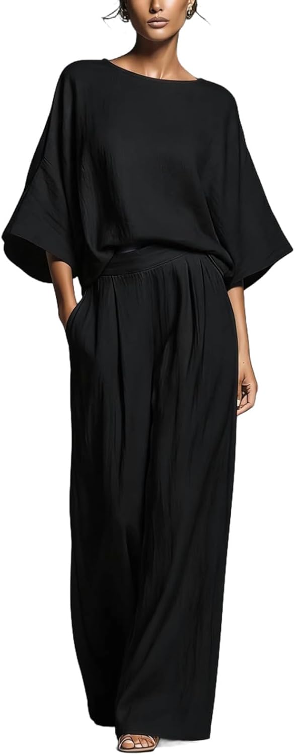 Womens 2 Piece Casual Oversized Outfit 3/4 Batwing Sleeve Round Neck Top and High Waist Wide Leg Pants with Pockets