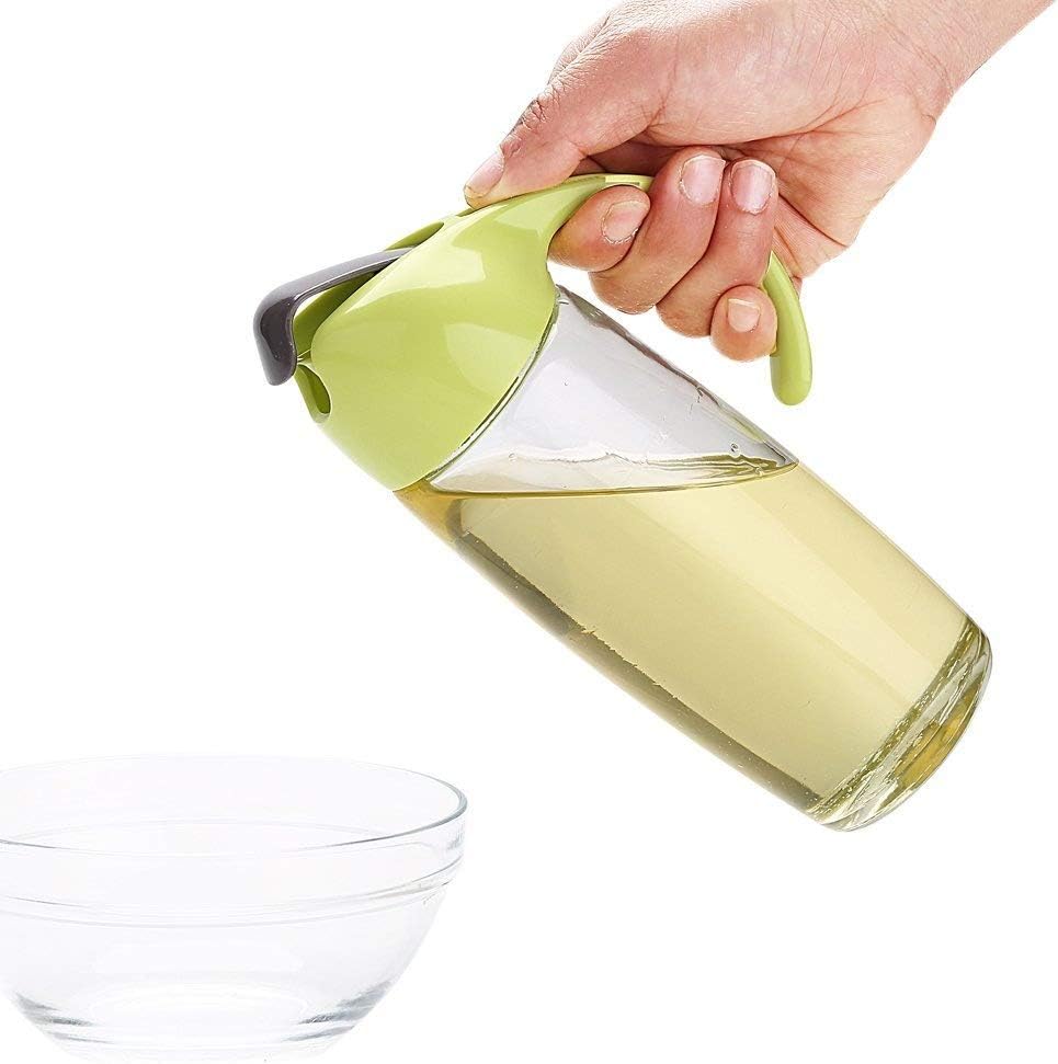 OuYaTong Olive Oil Dispenser Glass Bottle,17oz Leakproof Cooking Oil Storage Container With Automatic ON/OFF Cap,Non-Drip Pour Spout,Non-Slip Handle,Perfects for Kitchen and BBQ(Green)