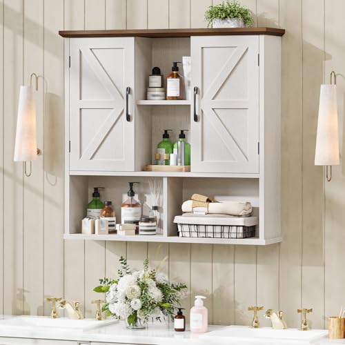 Image of Vabches Bathroom Wall Cabinet, Farmhouse Medicine Cabinet with Double Barn Door and Adjustable Shelves, Wooden Vintage Storage Cabinet Wall Mounted for Bathroom, Kitchen Dining, Rustic White