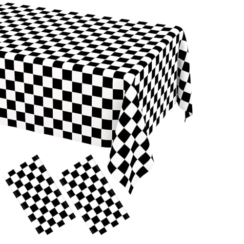 Image of WNINK 2 Pack Black and White Checkered Disposable Tablecloth Race Car Theme Party Table Cloth, Black checkered tablecloth for Race Car Theme Birthday, Outdoor Picnic Parties Decorations, 54 x 108 Inch