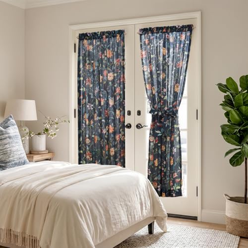 Image of jinchan Hattie Floral French Door Curtain 72 Inch Length Vintage Cottage Core Farmhouse Linen Decor for Glass Door Light Filtering 1 Panel with Tie Up Bow Rod Pocket Dark Blue