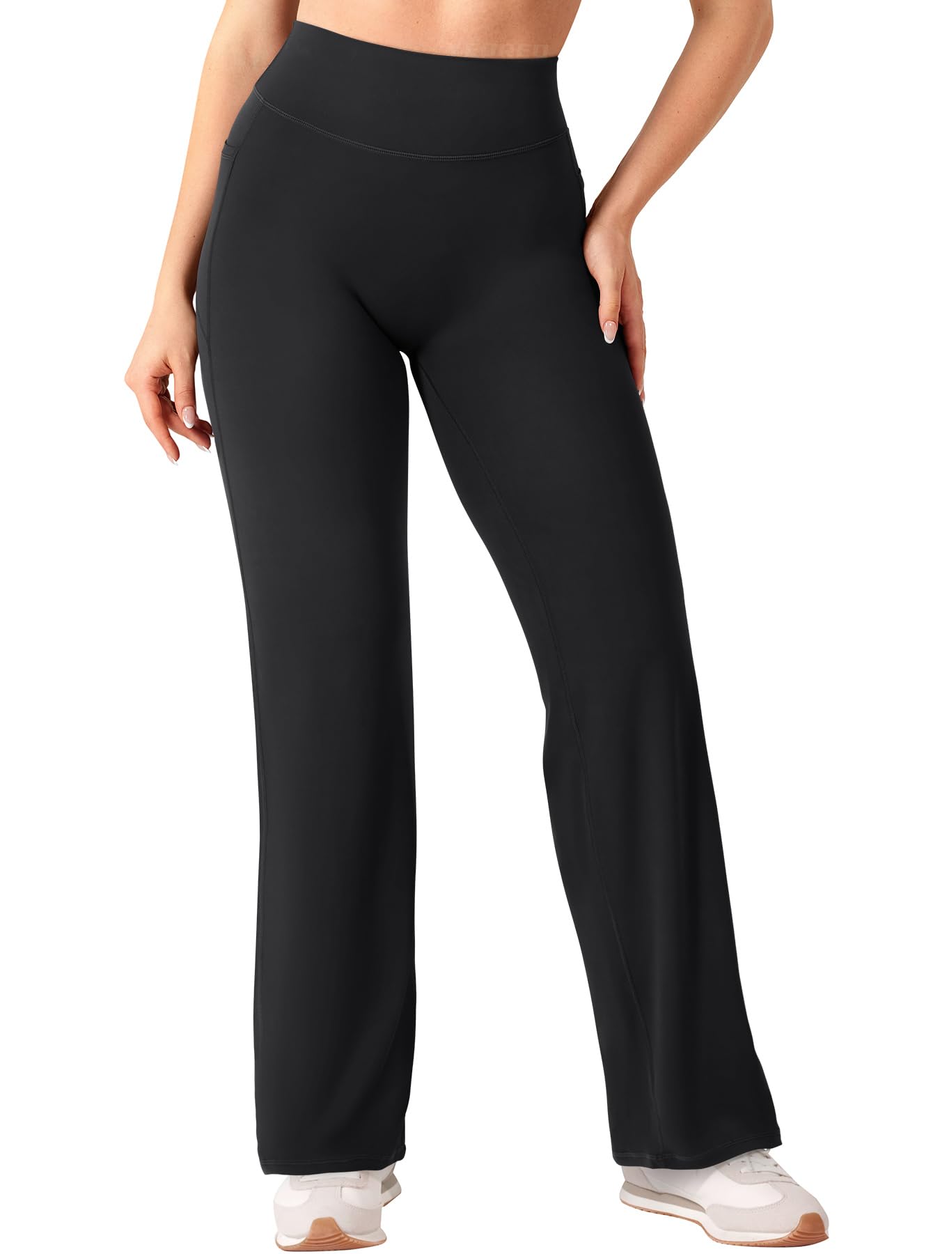 YEOREO Straight Leggings with Pockets for Women No Front Seam Workout Leggings High Waist Wide Leg Yoga Pants