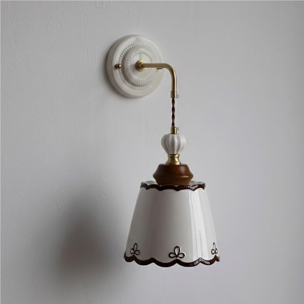 LYOUAE Vintage French Ceramic Wall Sconce Farmhouse Country Brass Base Wall Light Retro Adjustable Cord Wall Lamp for Bedroom Living Room Hallway