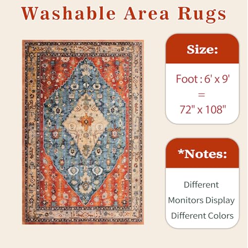 SERISSA Washable Rugs 6x9 Area Rugs, Large Non-Slip Boho Living Room Rug, Ultra Soft Vintage Print Distressed Oriental Tribal Farmhouse Carpet for Dining Room Bedroom Dorm Office Home Decor