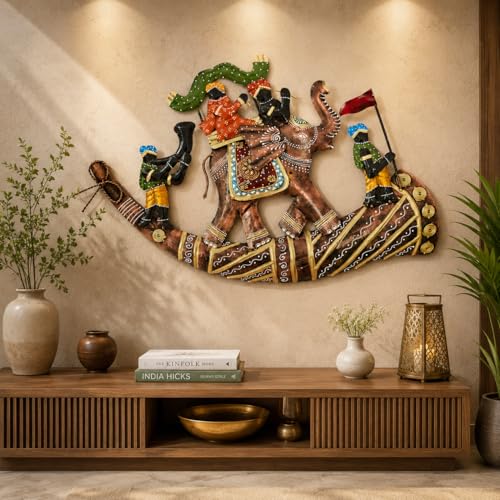 Image of iHandikart Handmade Metal Wall Art for Home Decor | 24 x 16 Inch Rajasthani Elephant Ride Wall Sculpture | Traditional Indian Iron Wall Hanging Artwork for Living Room, Bedroom, Hallway & Entryway