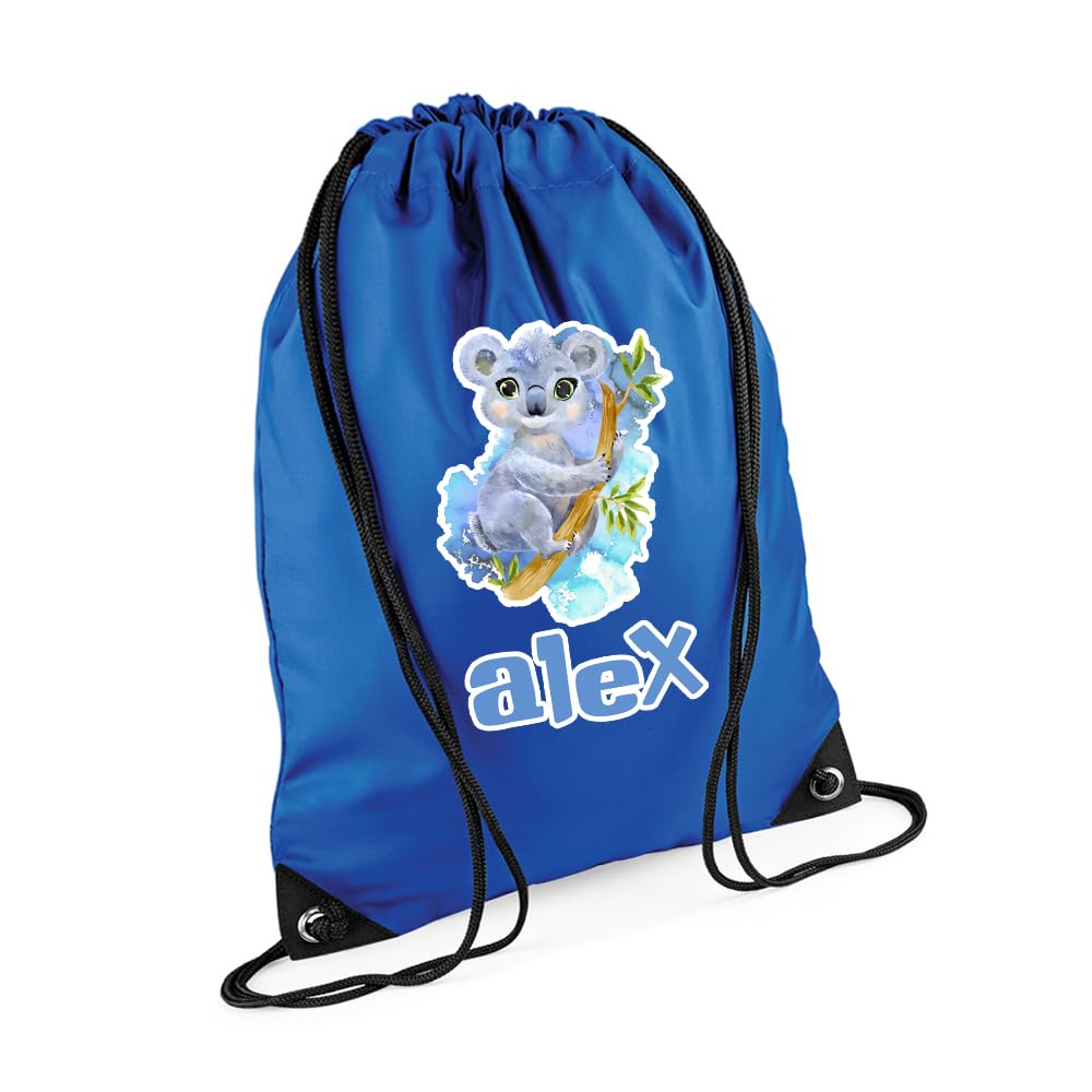 Getagift Personalized Cute Watercolour Koala Drawstring Bag for Kids, Back to School, Waterproof Sports Backpack, PE Kit Bag, Gym and Swimming Bag, Sport Rucksack. (Bright Royal)