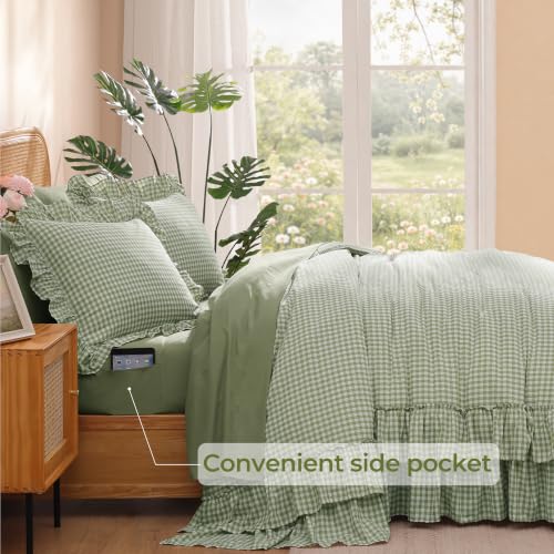 Image of Queen Comforter Set Green Gingham Ruffle 7 Pieces Farmhouse Bed in a Bag | Shabby Chic Fluffy Bedding Sets with Sheets, Pillowcases & Shams
