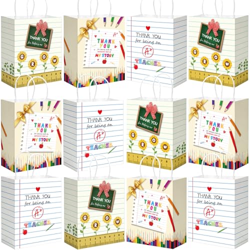 BDDYYI 12 Pcs Teacher Appreciation Gift Bags Bulk Small Thank You Treats Tote Bags with Tissue Paper and Handles for Back to School End of Year Graduation Teachers Day Classroom Party Supplies