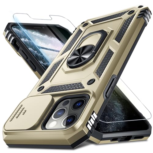 Janmitta Case for iPhone SE 2022(3rd)/SE 2020(2nd),iPhone 8/7 Phone Cover Built in Slide Camera Lens Cover+Screen Protector,Heavy Duty Shockproof Full Body PhoneCase with Ring Holder,Gold