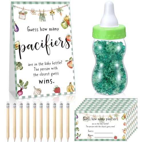 Image of Roowest 512 Pcs Baby Shower Games Guess How Many Pacifiers Sign 100 Small Guessing Games 10 HB Pencils 750ml Milk Bottle 400 Acrylic Pacifiers Decoration for Guest Gender Reveal (Green,Locally Grown)