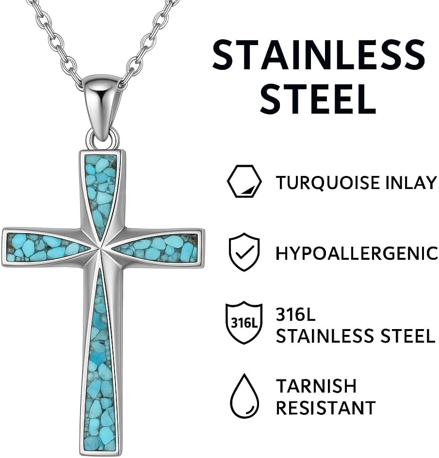 Stainless Steel Turquoise Cross Necklace for Men and Women – Faith Pendant Jewelry with Adjustable Chain, Gift Box Included - Image 4