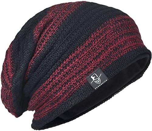 Men's Slouch Knitted Beanie Hat Crochet Stripe Winter Cap Oversized B318 (B306-Claret)