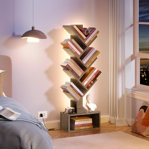 Image of Hoctieon 6 Tier Tree Bookshelf, Tall Bookcase, Freestanding Book Shelf with LED Lights, Display Floor Standing Storage Shelf, Book Organizer Shelves for Home Office, Living Room, Greige