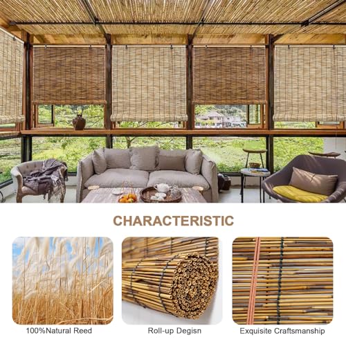 ORNDSDM Bamboo Blinds and Shades for Outdoor Patio, Roll Up Window Shades with Blackout, Custom Size, Retro Reed Blinds for Home Decor