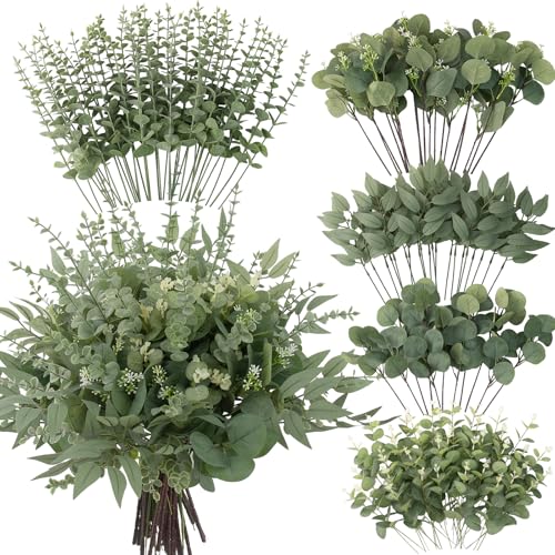 lovemoon 130 Pcs Artificial Mixed Eucalyptus Stems Bulk, 5 Kinds
