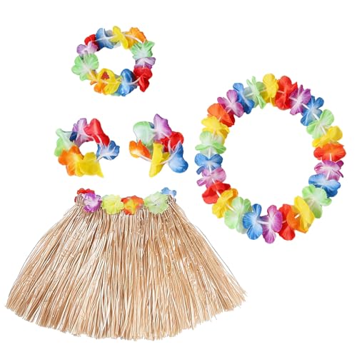 5 Pcs Hawaiian Fancy Dress Women Grass Skirt Hawaiian Outfits for Women Hula Skirt Costume Set Grass Skirts for Adults Flower Necklace Hawaii Leis for Summer Beach Tropical Decorations Supplies (D)