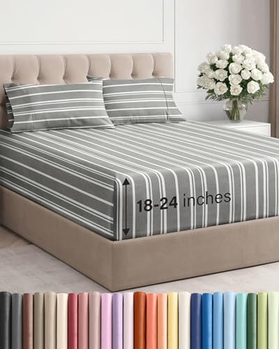 Image of Extra Deep Twin Sheet Set - 4 Piece Breathable & Cooling - Grey Stripes | Hotel Luxury Bed Sheets Set, Easy & Secure Fit, Ultra-Soft, Wrinkle & Fade Free, Comfy Sheets Set with Extra Deep Pockets