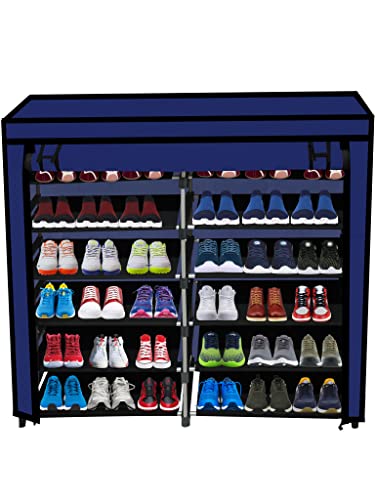 Image of Multi Utility 12 Layer Shelf Collapsible Metal Pipes with Non-Woven 100GSM Fabric Cover for Shoe /Cloth /Toy /Books Rack (Dark Blue, Metal)