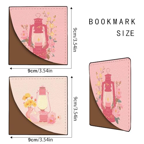 Image of 2Pcs Pink Floral Lantern Corner Bookmarks, Handmade PU Leather Page Markers, Vintage Flower Stationery Gift for Women, Teachers, Mom, Spring Summer Reading Accessories for Book Lovers 3.54 inch