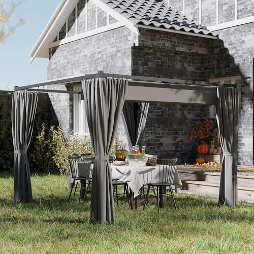 Outsunny 3 x 3(m) Pergola with Retractable Roof Canopy and Curtains, Metal Frame Garden Gazebo Outdoor Sun Shade Shelter for Grill, Patio, Deck, Light Grey - Image 2