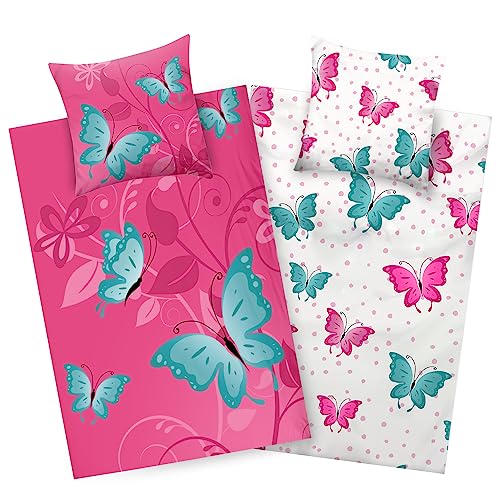 Aminata kids Bettwäsche 135x200 Schmetterlinge Kinder Mädchen Baumwolle Schmetterling rosa pink | YKK Reißverschluss | Tier-Motiv Blumen - Kinder-Wende-Bettwäsche-Set