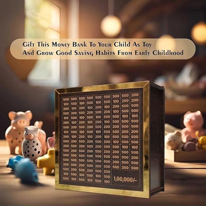 Image of Dr.MASHUR Wooden Money Saving Challenge Box with Printed Amount Board for Cash and Coin Collection, Reusable Saving Box for Kids and Adults (1lakh Money Box, 1, Count)