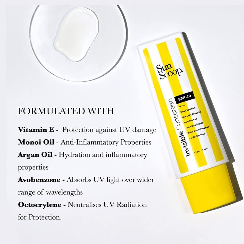 Image of SunScoop Invisible Sunscreen Gel SPF 40 PA+++, No White Cast, For Dry, Oily and Normal Skin Types, Transparent & Lightweight, Water & Sweat Resistant, For Women and Men, Pack of 2 (90 gm)