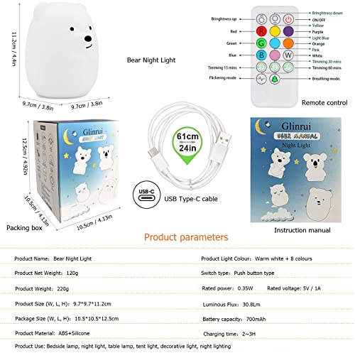 Image of Bear Night Lights for Kids, Bedside lamp for Children, Baby Nursery Light - Break Resistant /Eye Caring /Adjustable Brightness Color /Time Setting /Gifts for Kids Babies Boys Girls - Medium