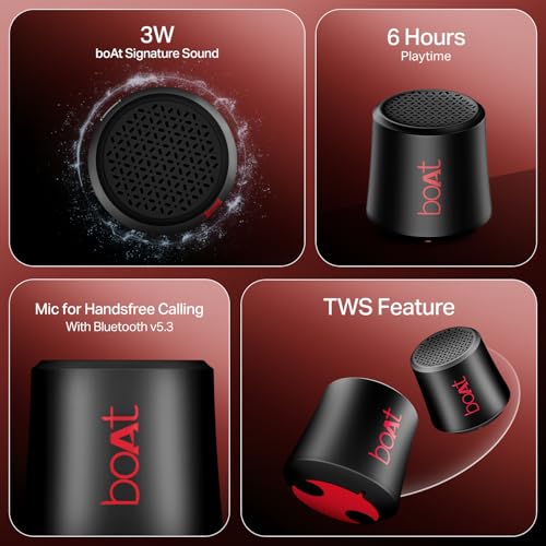 Image of Boat Stone Uno, 3W Signature Sound, 6HRS Battery, TWS Feature, Bluetooth v5.4 & Type-C Interface, Bluetooth Speaker, Wireless Speaker, Portable Speaker(Raging Black)