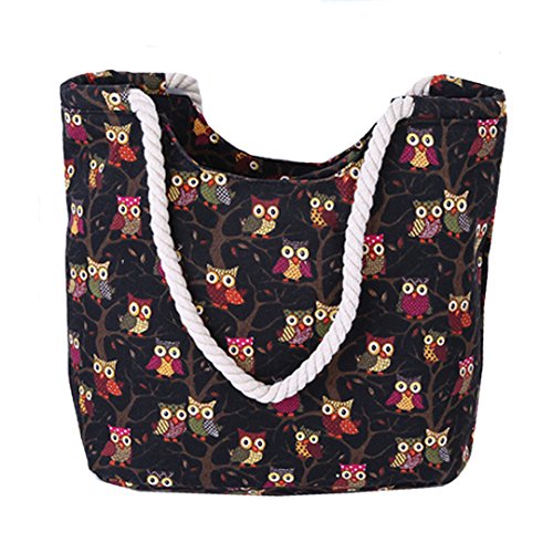 AiSi Canvas Strandtasche Schultertasche Umhängetasche Shopper Einkaufstasche, mit Reißverschluss, Eule Muster schwarz