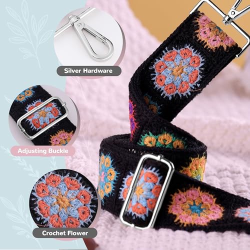 Crochet Flower Purse Straps Silver Hardware,2" Wide Bag Strap Replacement for Crossbody Adjustable3