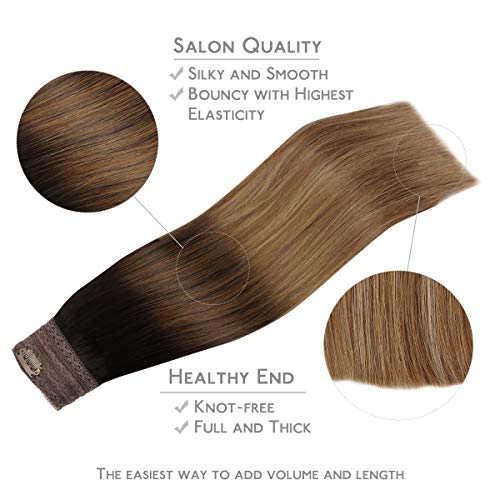 Image of WENNALIFE Wire Hair Extensions Real Human Hair 16 inch 95g Dark Brown to Chestnut Brown and Dirty Blonde Highlighted Remy Wire Hair Extensions Invisible Real