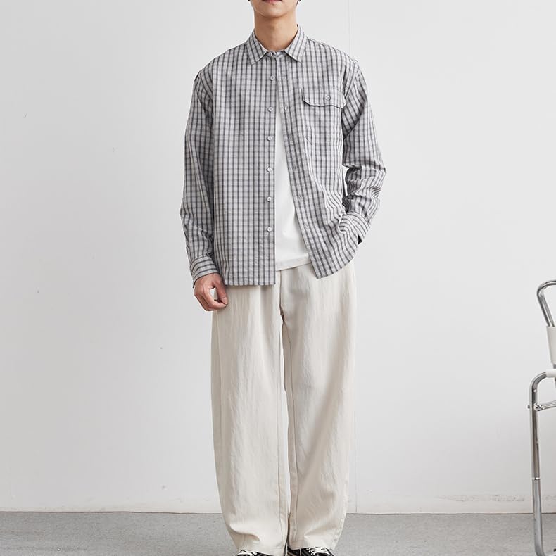 Men's American Vintage Plaid Shirts Spring Fall Long Sleeve Casual Coat with Pockets2