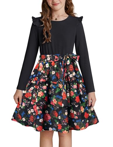 GRACE KARIN Mädchen Prinzessin Kleid Langarm Festlich Blumenmuster Hochzeit Partykleid Schwarz mit Rot Blume 10 Jahre
