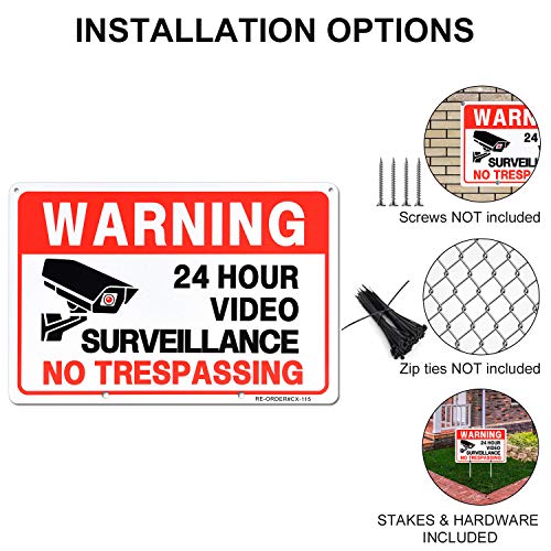 MUXYH 2 Pack Video Surveillance Sign with Metal Stakes, 12'' X 9'' Aluminum No Trespassing Warning Sign for Yard Home Business CCTV Security Camera - Image 6