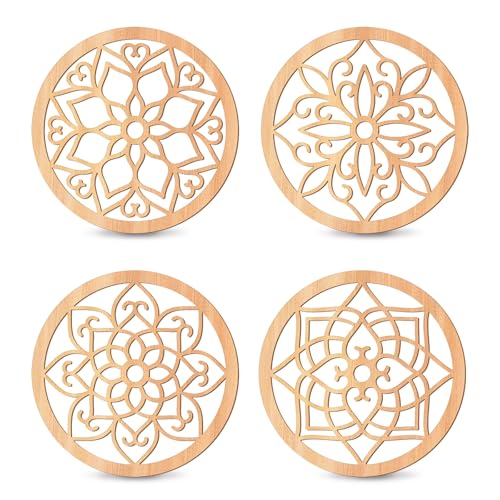KOYILTD 4 Pieces Thicken Rustic Wall Decor,Flower Carved Wall Art,Wooden Hollow Carved Design (Kreisförmig-klein)