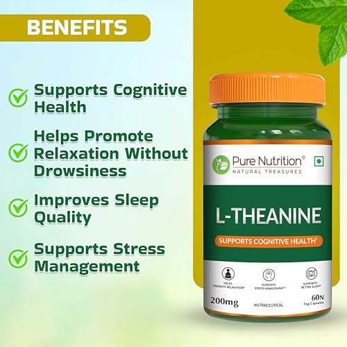 Image of Pure Nutrition L-Theanine 200mg - 60 Veg Capsules | L Theanine Supplement | Supports Stress Relief, Anxiety Reduction & Cognitive Health | Promotes Relaxation & Brain Function