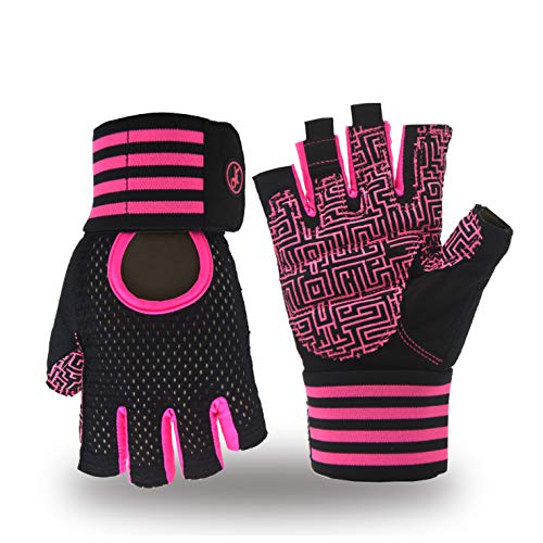 VMFTS Workout Gloves with Wrist Wrap Support Padded Weightlifting Gloves Gym Gloves for Men Women Gym Exercise Fitness Training Lifting Crossfit Dumbbell (Pink, Small)