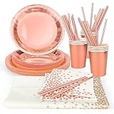 【Platos Desechable Rose Gold】Este conjunto de vasos de papel, bandejas de papel, servilletas, pajitas, ¡este hermoso juego de vajilla desechable para fiestas contiene todo lo que necesita para una fiesta de 16 invitados
