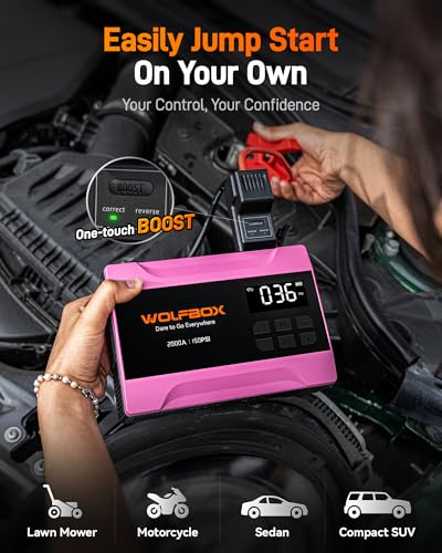 Image of WOLFBOX 2000A Jump Starter with Air Compressor, 37Wh Car Battery Booster Jumper Starter Portable(up to 5L Gas Engine), 12V Jump Box Pack with 150PSI Tire Inflator, Jumper Cables, LED Light - Hot Pink