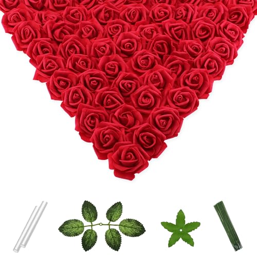 Vignor 100 Pcs 2 Inch Artificial Flowers Faux Foam Fake Rose Head Bulk for Home Decor Wedding Decoration Bridal Shower Wall Table Centerpiece Arrangement DIY Craft (Rose Cherry Red)